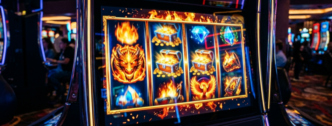 En spilleautomat med farverige symboler på hjulene, der illustrerer en bonusrunde i en online spilleautomat.