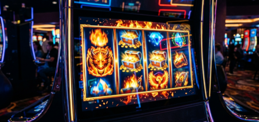 En spilleautomat med farverige symboler på hjulene, der illustrerer en bonusrunde i en online spilleautomat.
