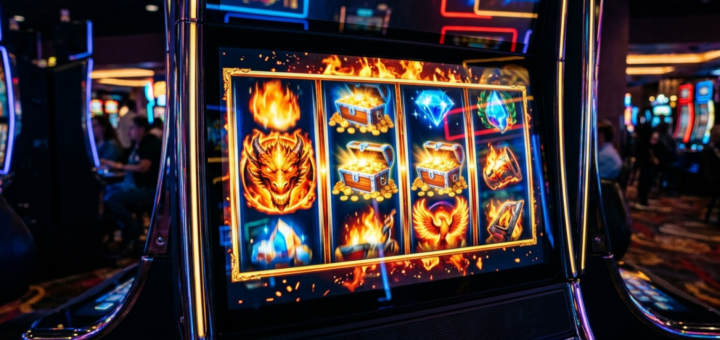 En spilleautomat med farverige symboler på hjulene, der illustrerer en bonusrunde i en online spilleautomat.