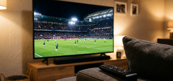 Et tv viser en fodboldkamp i en dansk stue, som symbol på de nye regler for spilreklamer under sportstransmissioner