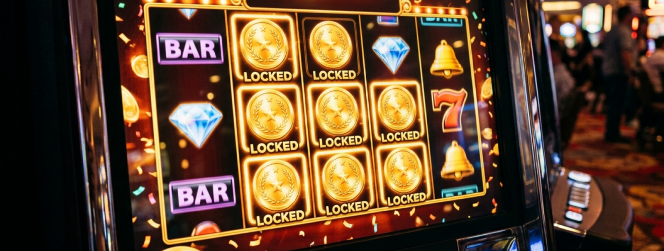 Spilleautomatskærm med gyldne møntsymboler der er låst fast under en Hold and Win bonusrunde