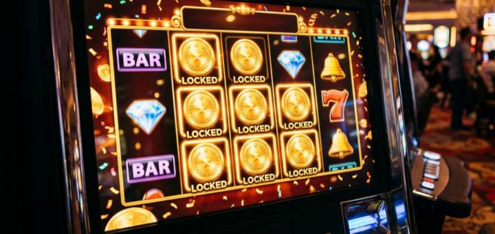 Spilleautomatskærm med gyldne møntsymboler der er låst fast under en Hold and Win bonusrunde