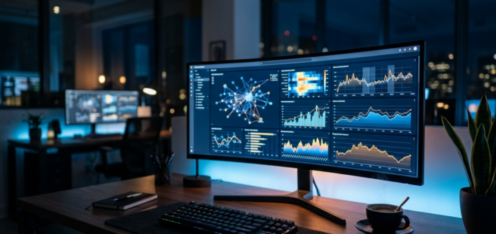 Illustration af et kontrolrum med skærme, der viser dataanalyse af spilleradfærd hos en online spiludbyder.
