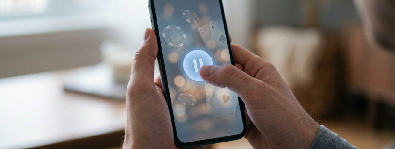 En person trykker pause på en mobiltelefon som symbol på selvudelukkelse fra pengespil via ROFUS.