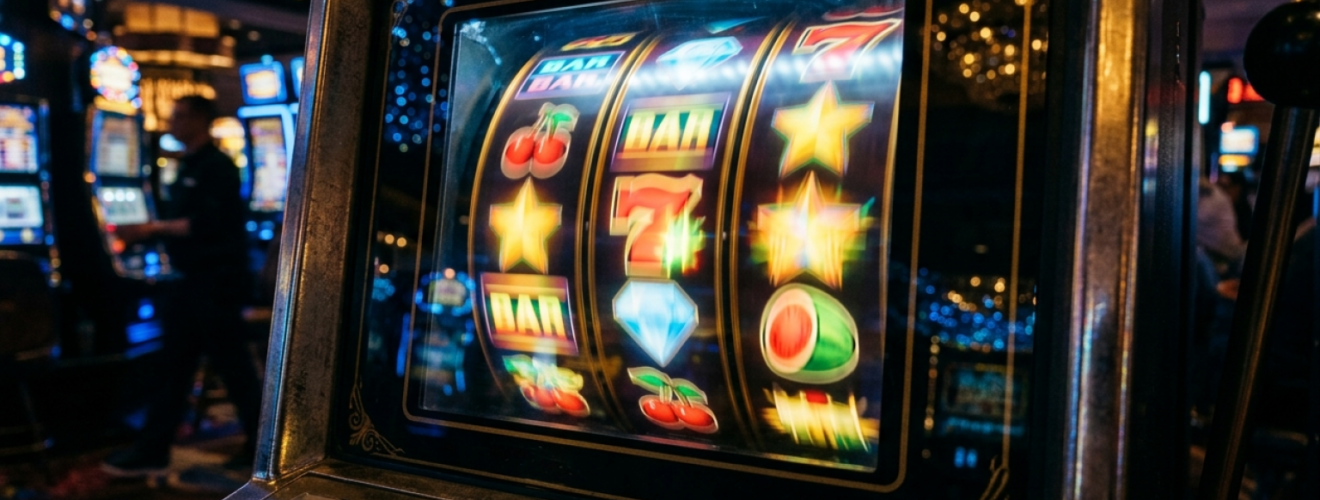 En spilleautomat med snurrende hjul illustrerer begrebet volatilitet i online casinospil.