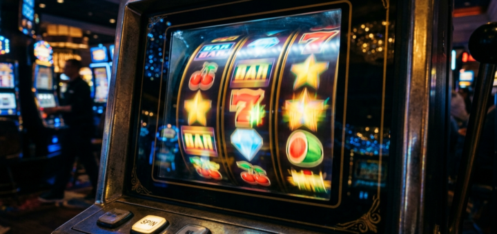 En spilleautomat med snurrende hjul illustrerer begrebet volatilitet i online casinospil.