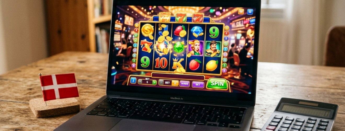 Illustration af en spiller foran en computer med et online spilleautomat-spil, der symboliserer nye regler for casinobonusser i Danmark.