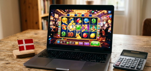 Illustration af en spiller foran en computer med et online spilleautomat-spil, der symboliserer nye regler for casinobonusser i Danmark.