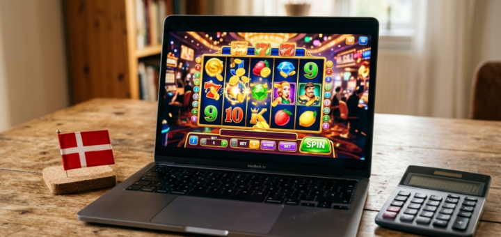 Illustration af en spiller foran en computer med et online spilleautomat-spil, der symboliserer nye regler for casinobonusser i Danmark.