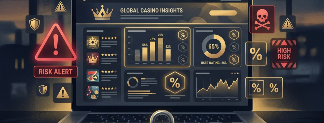 Illustration af en computerskærm med casino-sammenligningsside og advarselsikoner, der symboliserer nye regler for affiliate-markedsføring.