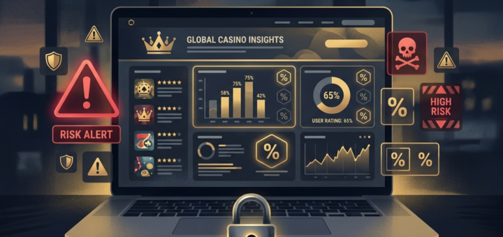 Illustration af en computerskærm med casino-sammenligningsside og advarselsikoner, der symboliserer nye regler for affiliate-markedsføring.