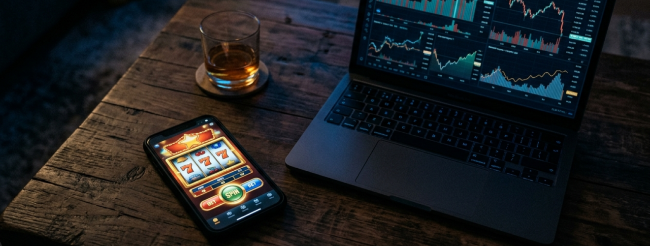 En smartphone med et onlinekasino spil ligger på et bord ved siden af en bærbar computer med statistik og grafer.
