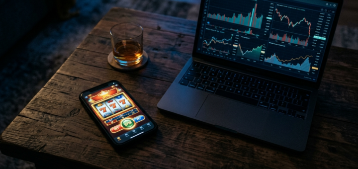 En smartphone med et onlinekasino spil ligger på et bord ved siden af en bærbar computer med statistik og grafer.
