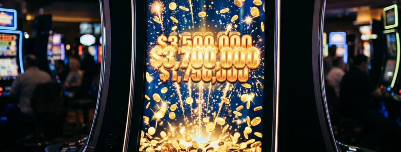 Illustration af en spilleautomat med en stor, glødende jackpot-tæller der symboliserer en voksende progressiv gevinstpulje