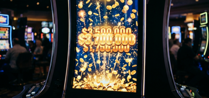 Illustration af en spilleautomat med en stor, glødende jackpot-tæller der symboliserer en voksende progressiv gevinstpulje