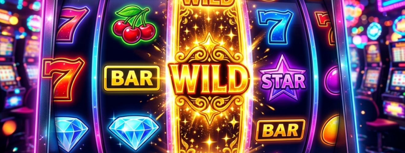 Illustration af spilleautomatens hjul med et gyldent wild symbol der breder sig ud over et helt hjul