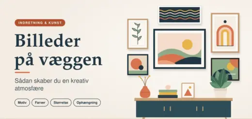 Illustration af en hyggelig billedvæg med indrammet abstrakt kunst i varme farver over en petroleumsblå skænk med plante og vase, ved siden af teksten »Billeder på væggen – Sådan skaber du en kreativ atmosfære«.