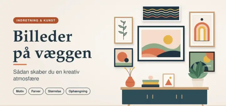Illustration af en hyggelig billedvæg med indrammet abstrakt kunst i varme farver over en petroleumsblå skænk med plante og vase, ved siden af teksten »Billeder på væggen – Sådan skaber du en kreativ atmosfære«.