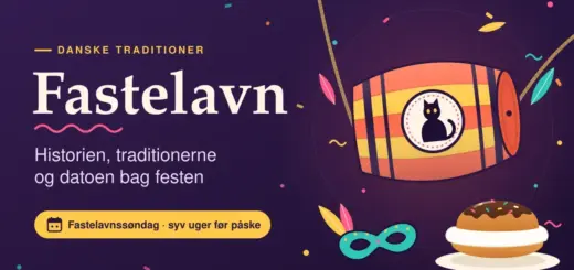 Farverig illustration til fastelavn: en fastelavnstønde med en sort kat, en fastelavnsbolle med flødeskum og chokoladeglasur, en udklædningsmaske og konfetti ved siden af teksten „Fastelavn – historien, traditionerne og datoen bag festen“.
