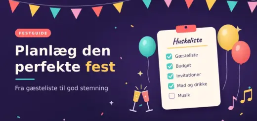 Illustration af en festlig huskeliste med afkrydsede punkter som gæsteliste, budget, invitationer og mad og drikke, omgivet af balloner, flagranke, konfetti og skålende glas på en mørkelilla baggrund.